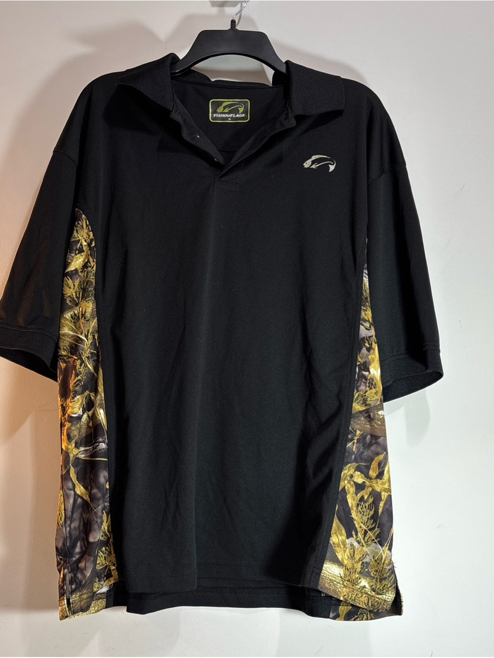 Fishouflage is a Black Polo Shirt with Yellow Camo Panels. 1242